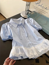 BXOXO Casual Sweet Blue Shirt Women Cute Lace Patchwork Bow Blouse Vintage French Preppy Style Short Sleeve Elegant Kawaii Tops